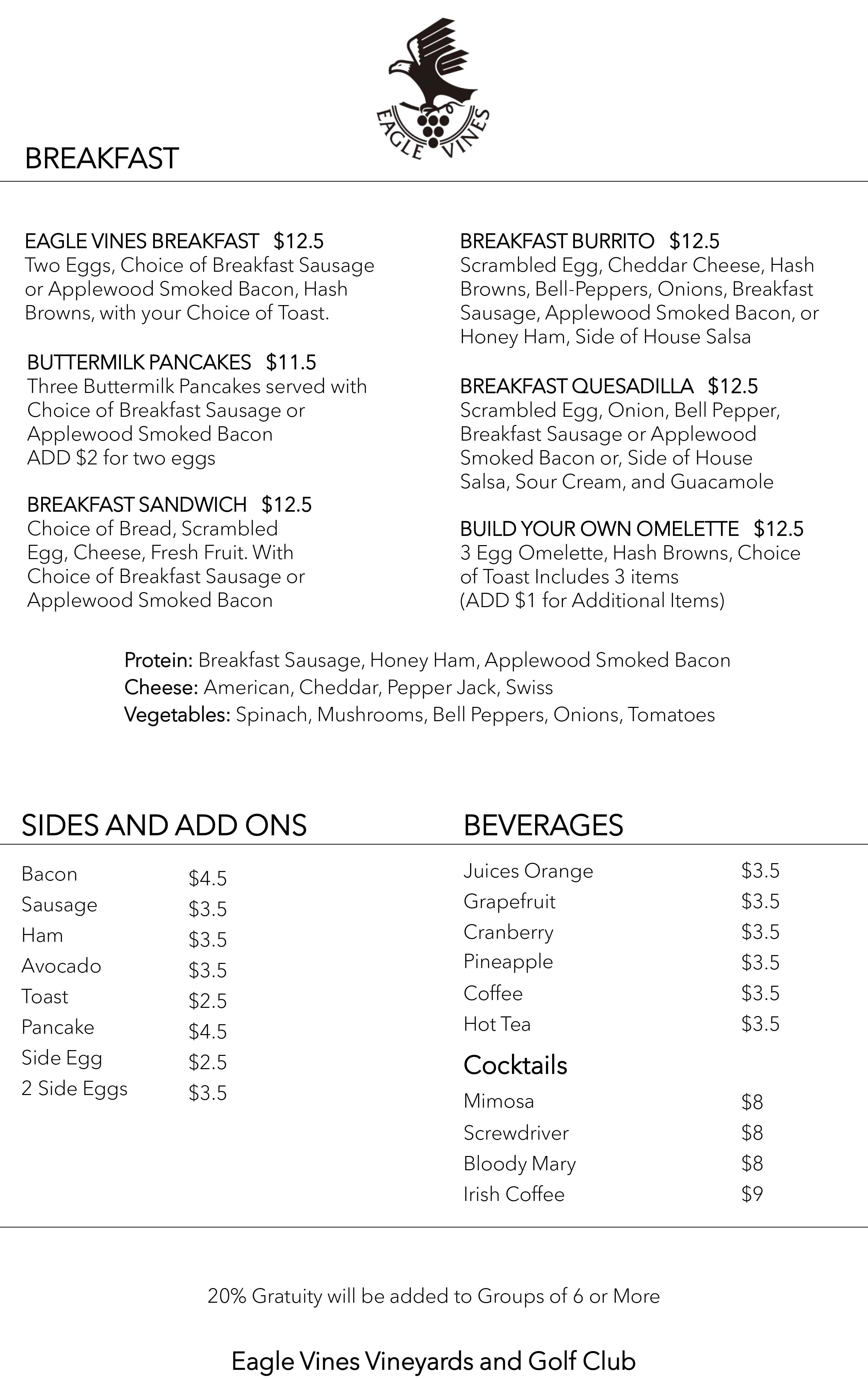 The Eagle Grill Menu - Eagle Vines Golf Club